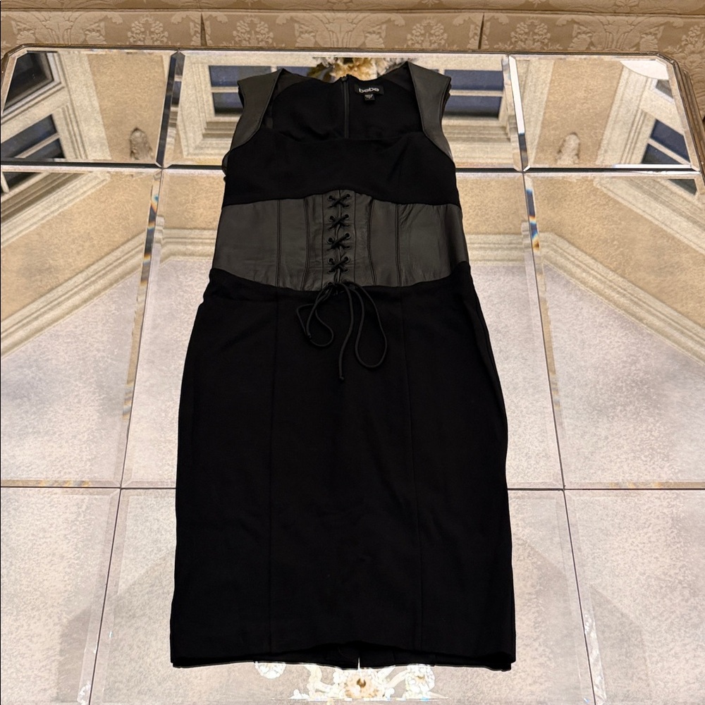 bebe Black Midi Dress with Corset Detail
